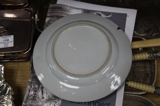 Two Chinese export famille rose shell dishes, a similar plate and two Spode stone china plates